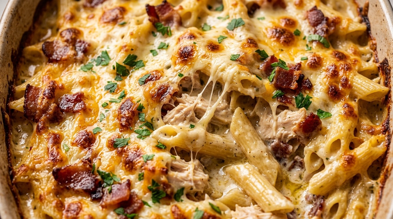 Ultra close-up macro of bubbling golden-brown chicken bacon ranch pasta bake with melted stringy mozzarella, tender penne, and crispy bacon bits