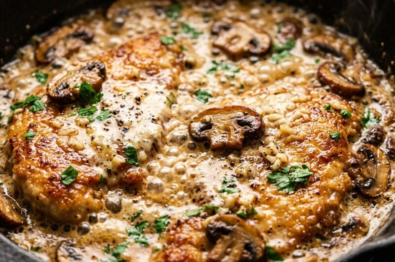 Ultra close-up macro of golden seared chicken cutlets simmering in velvety garlic parmesan mushroom cream sauce