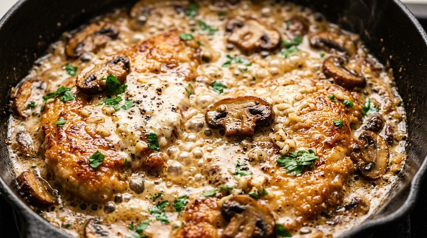 Ultra close-up macro of golden seared chicken cutlets simmering in velvety garlic parmesan mushroom cream sauce