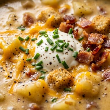 Ultra close-up macro of creamy loaded baked potato soup topped with melted sharp cheddar cheese strings, cool sour cream, and fresh chopped chives