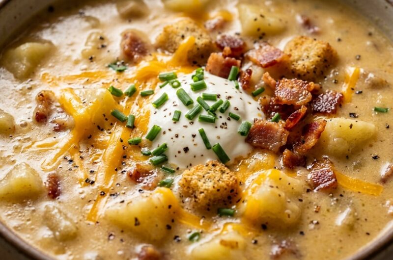 Ultra close-up macro of creamy loaded baked potato soup topped with melted sharp cheddar cheese strings, cool sour cream, and fresh chopped chives