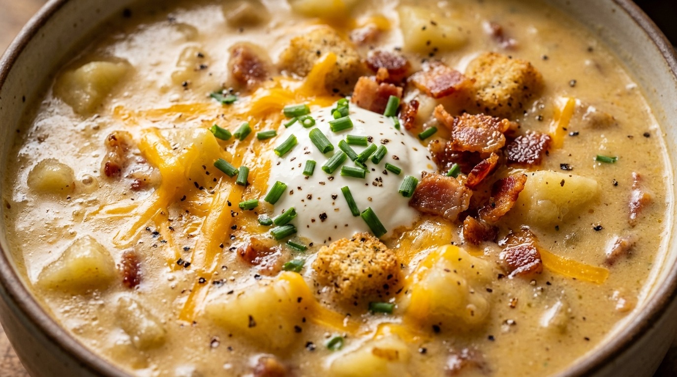 Ultra close-up macro of creamy loaded baked potato soup topped with melted sharp cheddar cheese strings, cool sour cream, and fresh chopped chives