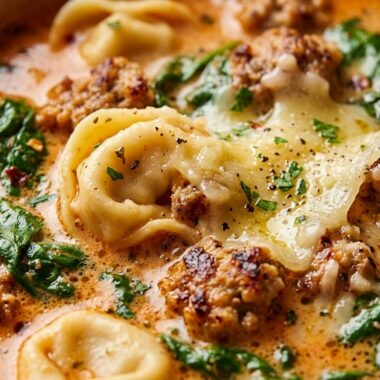 Ultra close-up macro of creamy sausage tortellini soup with browned sausage crumbles, cheese tortellini, and wilted spinach