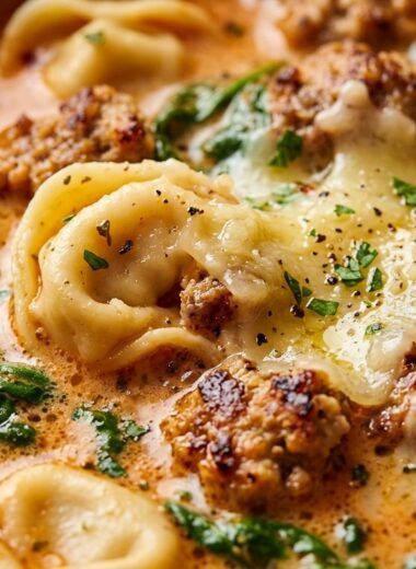 Ultra close-up macro of creamy sausage tortellini soup with browned sausage crumbles, cheese tortellini, and wilted spinach