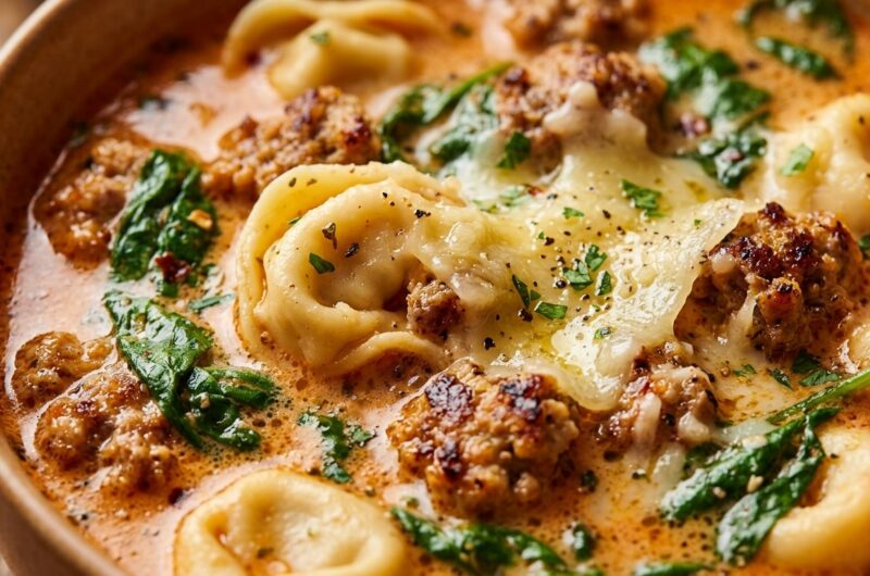 Ultra close-up macro of creamy sausage tortellini soup with browned sausage crumbles, cheese tortellini, and wilted spinach