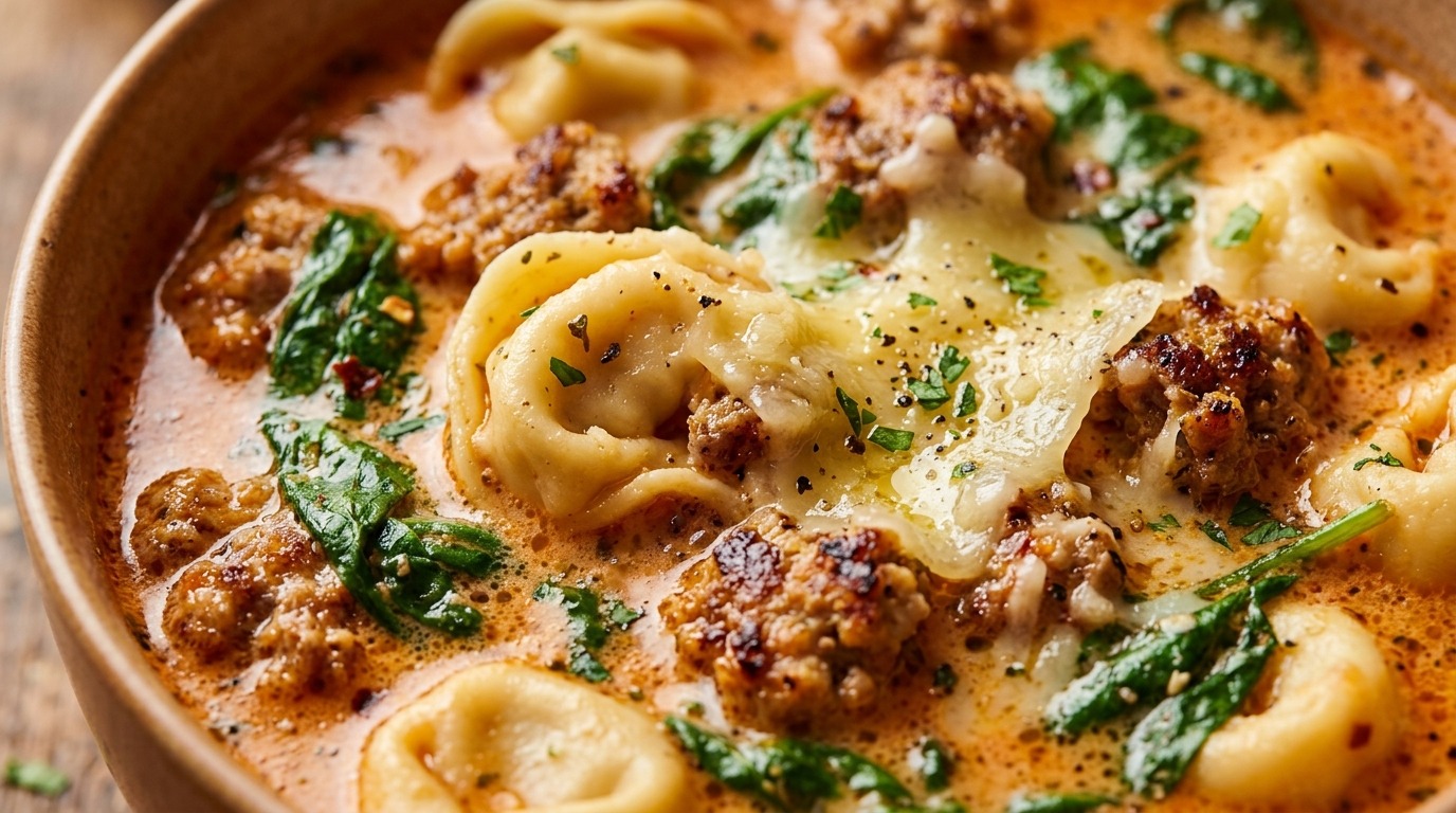 Ultra close-up macro of creamy sausage tortellini soup with browned sausage crumbles, cheese tortellini, and wilted spinach