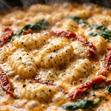 Ultra close-up macro of bubbling creamy sun-dried tomato gnocchi in cast iron skillet