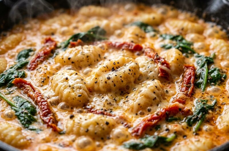 Ultra close-up macro of bubbling creamy sun-dried tomato gnocchi in cast iron skillet