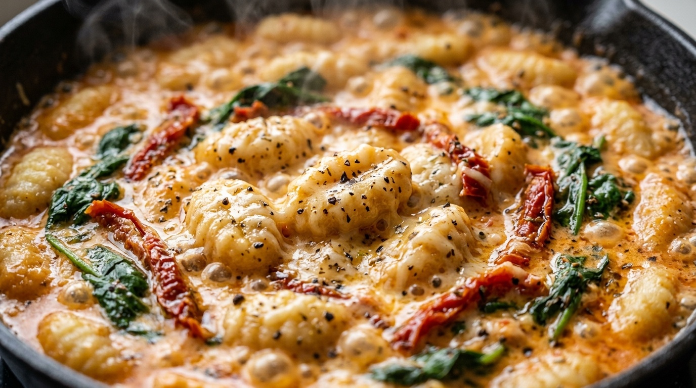 Ultra close-up macro of bubbling creamy sun-dried tomato gnocchi in cast iron skillet