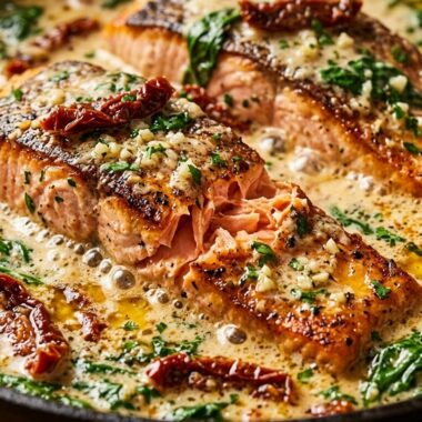 Ultra close-up macro of pan-seared crispy skin salmon fillets bubbling in rich velvety garlic parmesan cream sauce with sun-dried tomatoes and baby spinach