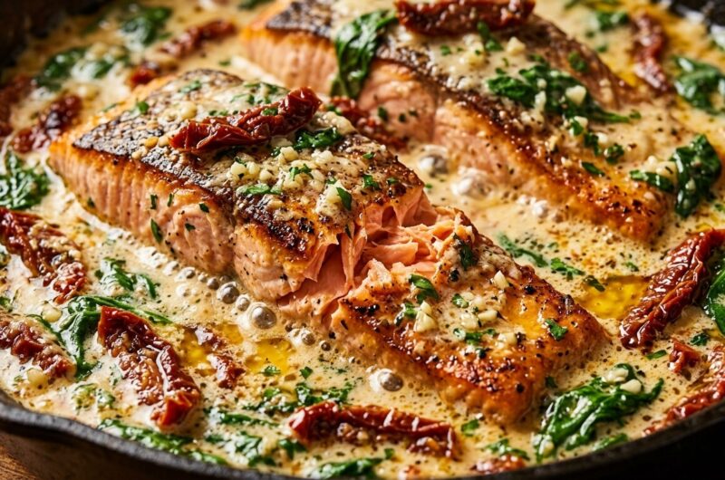 Ultra close-up macro of pan-seared crispy skin salmon fillets bubbling in rich velvety garlic parmesan cream sauce with sun-dried tomatoes and baby spinach