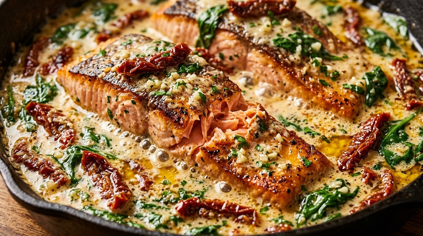 Ultra close-up macro of pan-seared crispy skin salmon fillets bubbling in rich velvety garlic parmesan cream sauce with sun-dried tomatoes and baby spinach