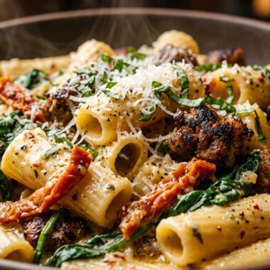 Ultra close-up macro of creamy Tuscan garlic rigatoni with browned halal sausage, sun-dried tomatoes, and wilted spinach