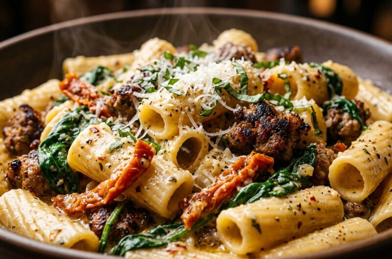 Ultra close-up macro of creamy Tuscan garlic rigatoni with browned halal sausage, sun-dried tomatoes, and wilted spinach