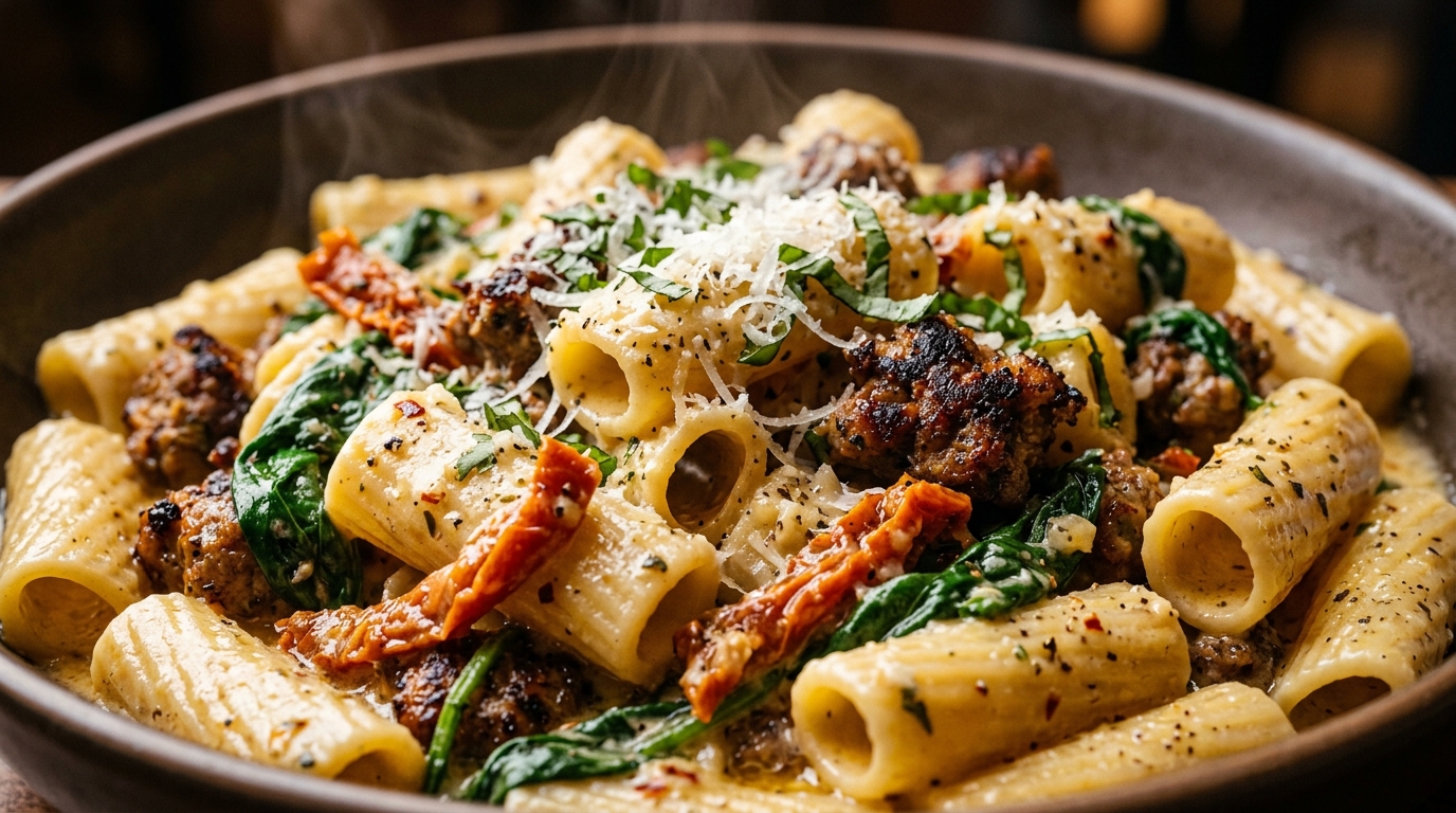 Ultra close-up macro of creamy Tuscan garlic rigatoni with browned halal sausage, sun-dried tomatoes, and wilted spinach