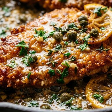 Ultra close-up macro of golden crispy pan-seared chicken cutlets bathed in a silky foaming lemon garlic herb butter pan sauce with capers and fresh parsley