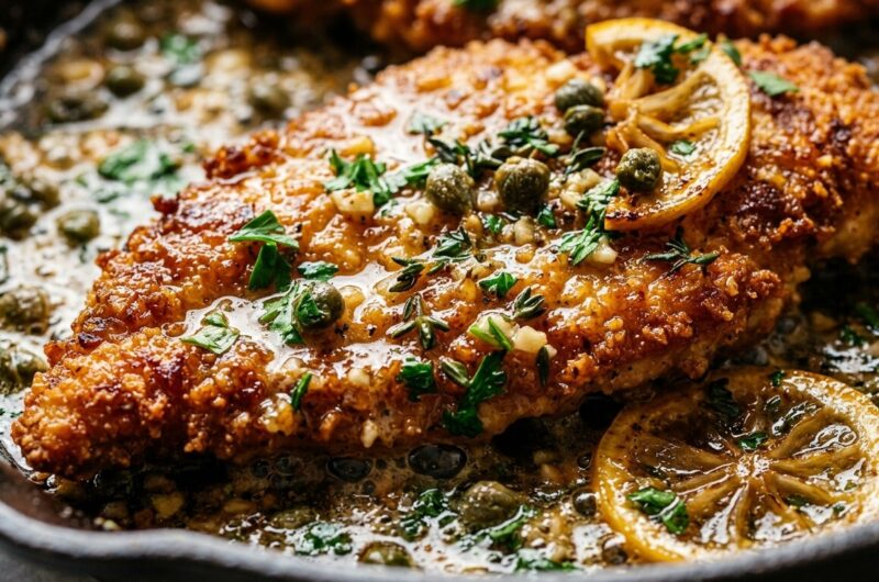 Ultra close-up macro of golden crispy pan-seared chicken cutlets bathed in a silky foaming lemon garlic herb butter pan sauce with capers and fresh parsley
