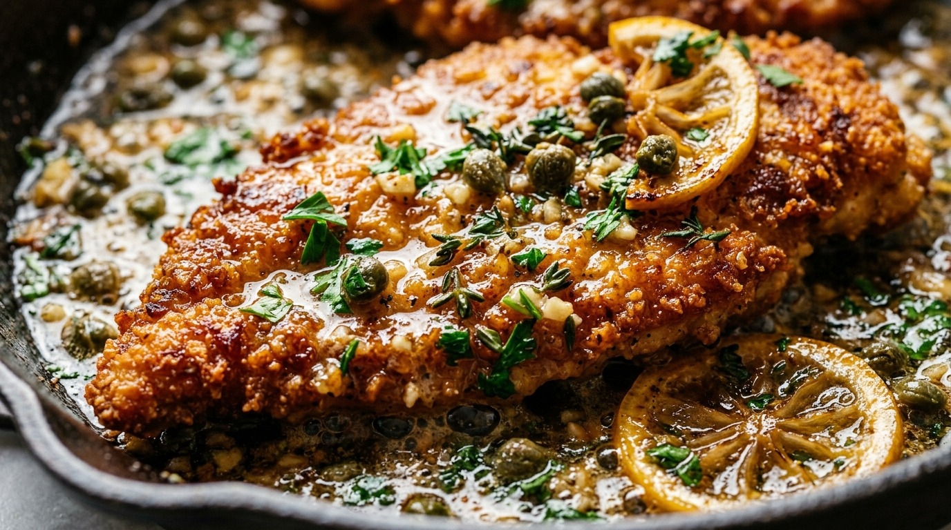 Ultra close-up macro of golden crispy pan-seared chicken cutlets bathed in a silky foaming lemon garlic herb butter pan sauce with capers and fresh parsley