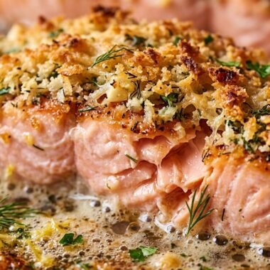 Ultra close-up macro of oven baked salmon topped with golden crispy parmesan herb panko crust