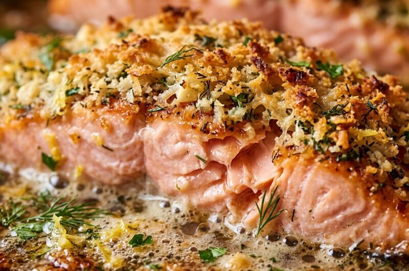 Ultra close-up macro of oven baked salmon topped with golden crispy parmesan herb panko crust