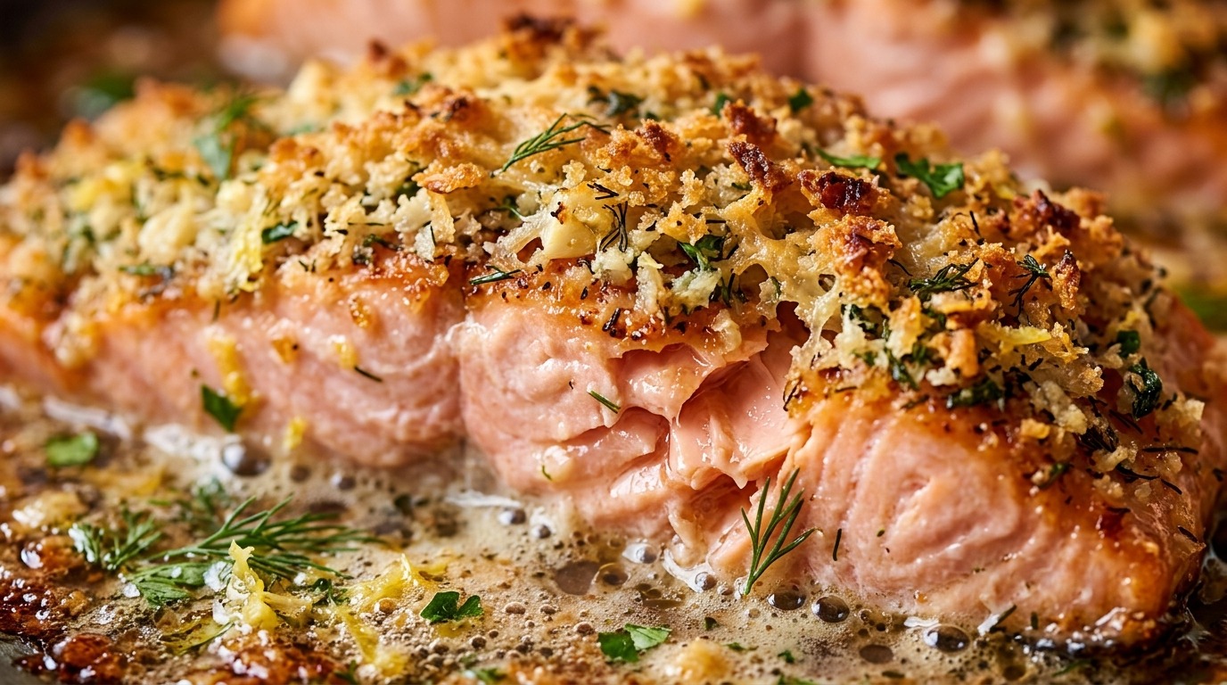 Ultra close-up macro of oven baked salmon topped with golden crispy parmesan herb panko crust