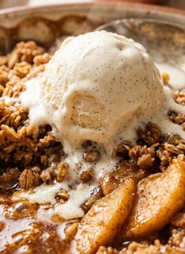 Ultra close-up macro of warm baked homemade apple crisp with golden brown oat streusel crumble and melting vanilla ice cream