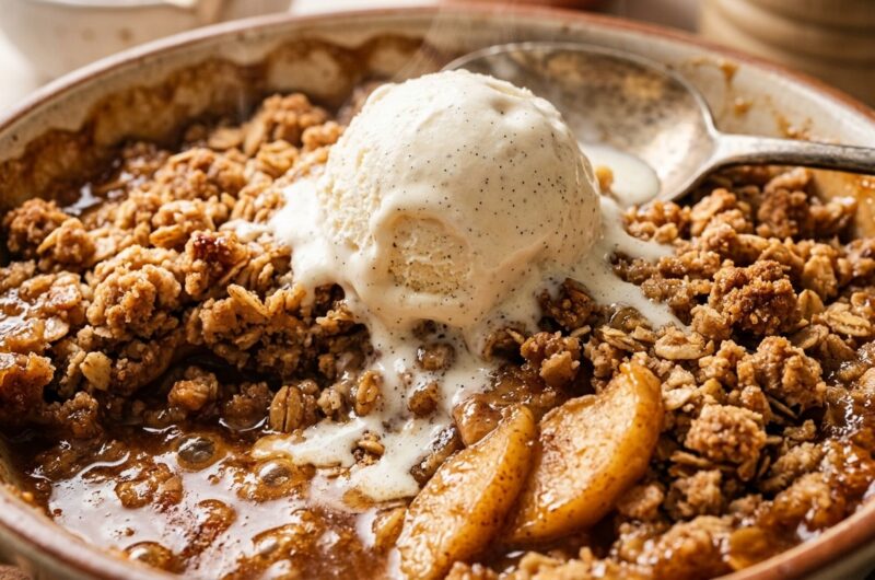Ultra close-up macro of warm baked homemade apple crisp with golden brown oat streusel crumble and melting vanilla ice cream