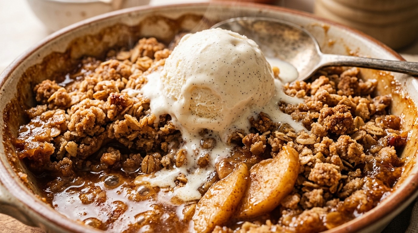 Ultra close-up macro of warm baked homemade apple crisp with golden brown oat streusel crumble and melting vanilla ice cream