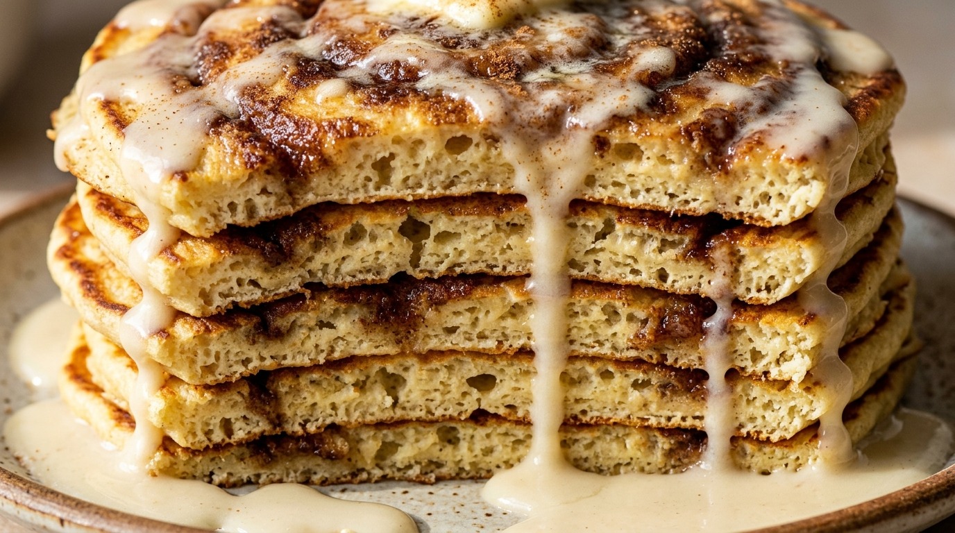 Ultra close-up macro of a thick fluffy stack of cinnamon roll pancakes with cascading cream cheese glaze and caramelized cinnamon swirls