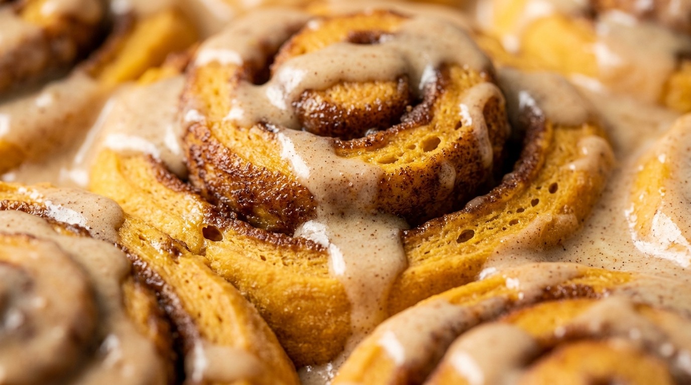 Ultra close-up macro of fluffy pumpkin cinnamon rolls with dripping molten maple cream cheese icing