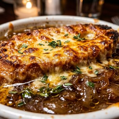 Ultra close-up macro of French onion soup topped with molten broiled Gruyère baguette