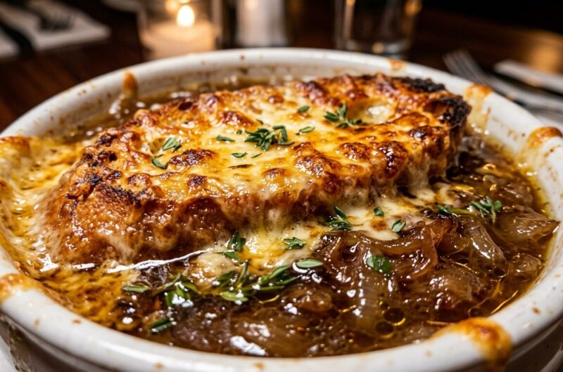 Ultra close-up macro of French onion soup topped with molten broiled Gruyère baguette