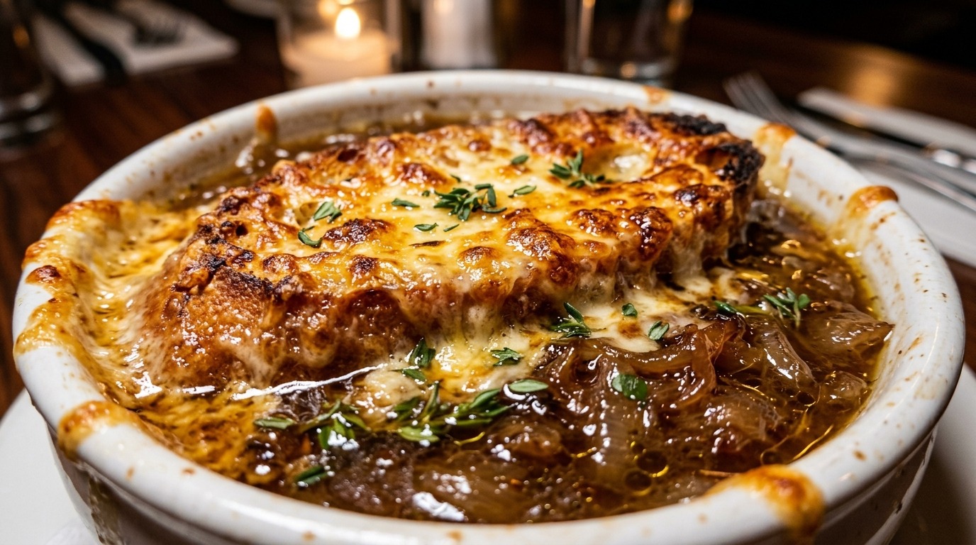 Ultra close-up macro of French onion soup topped with molten broiled Gruyère baguette