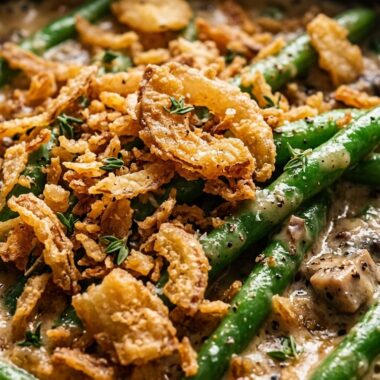 Ultra close-up macro of fresh green bean casserole with velvety mushroom cream sauce and crispy onions