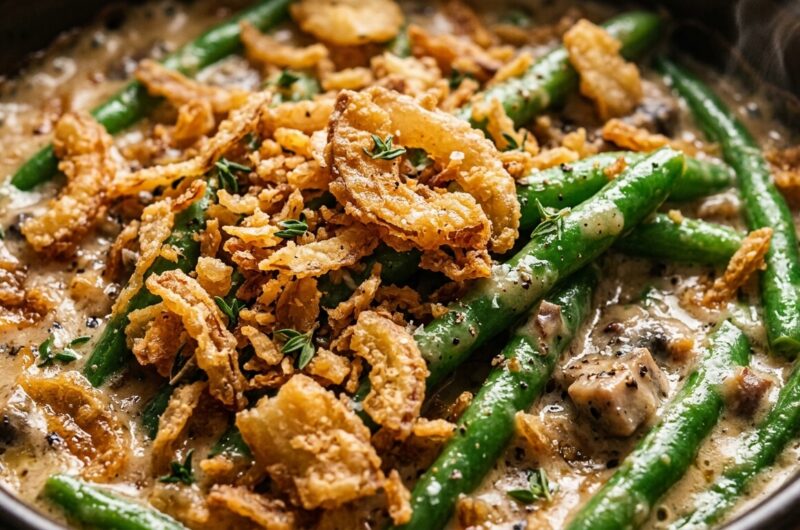 Ultra close-up macro of fresh green bean casserole with velvety mushroom cream sauce and crispy onions