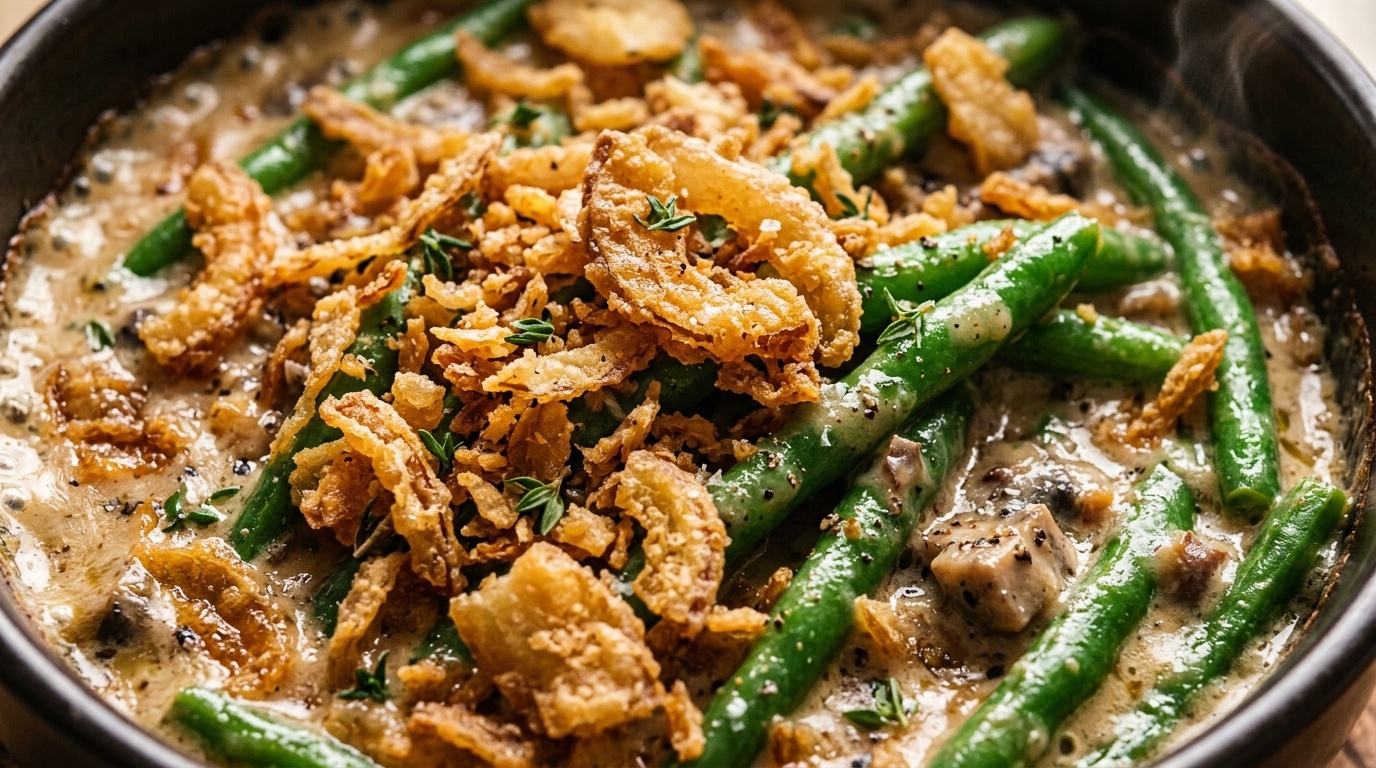 Ultra close-up macro of fresh green bean casserole with velvety mushroom cream sauce and crispy onions