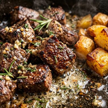 Ultra close-up macro of seared garlic butter steak bites with crispy golden potatoes and fresh rosemary in a cast iron skillet