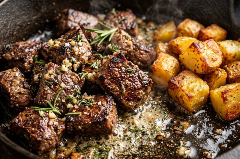 Ultra close-up macro of seared garlic butter steak bites with crispy golden potatoes and fresh rosemary in a cast iron skillet