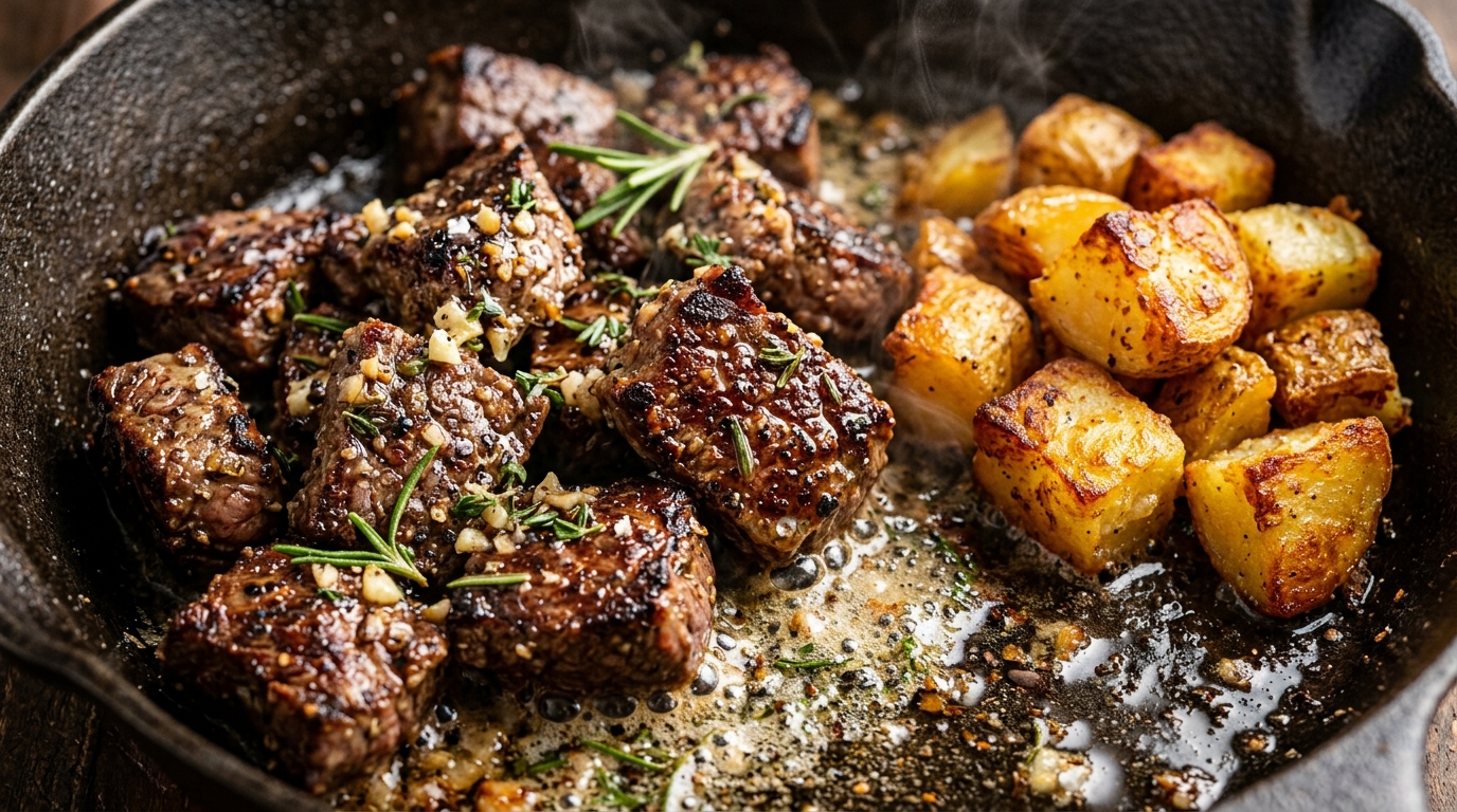 Ultra close-up macro of seared garlic butter steak bites with crispy golden potatoes and fresh rosemary in a cast iron skillet