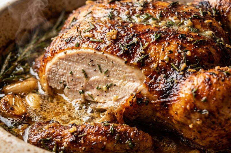 Ultra close-up macro of garlic herb butter roasted whole chicken with crackly mahogany skin and carved juicy breast