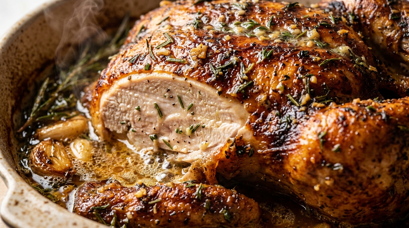 Ultra close-up macro of garlic herb butter roasted whole chicken with crackly mahogany skin and carved juicy breast