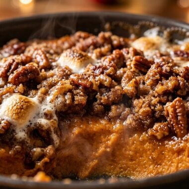 Ultra close-up macro of baked sweet potato casserole with caramelized brown sugar pecan streusel and bubbling marshmallow accents