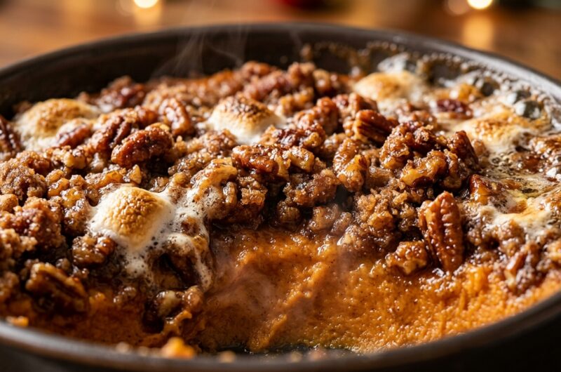 Ultra close-up macro of baked sweet potato casserole with caramelized brown sugar pecan streusel and bubbling marshmallow accents