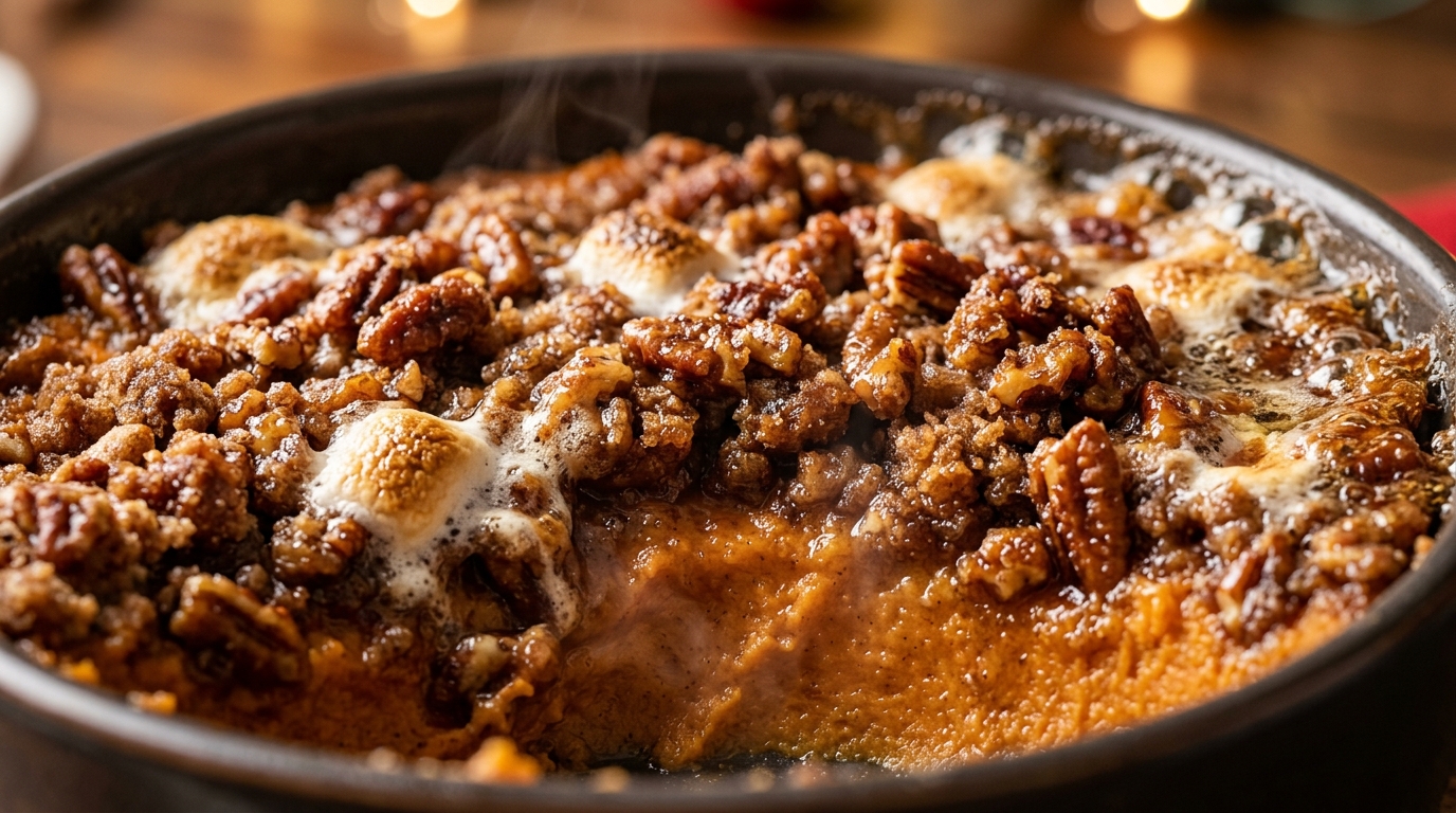 Ultra close-up macro of baked sweet potato casserole with caramelized brown sugar pecan streusel and bubbling marshmallow accents