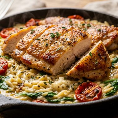 Ultra close-up macro of golden sliced chicken cutlets over creamy parmesan orzo pasta with spinach and cherry tomatoes