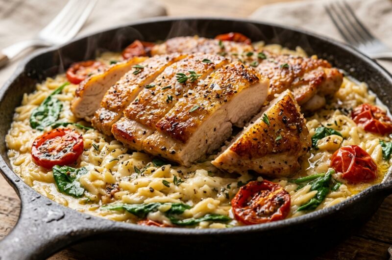 Ultra close-up macro of golden sliced chicken cutlets over creamy parmesan orzo pasta with spinach and cherry tomatoes