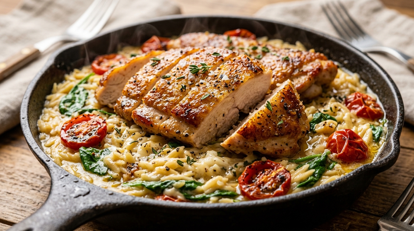 Ultra close-up macro of golden sliced chicken cutlets over creamy parmesan orzo pasta with spinach and cherry tomatoes
