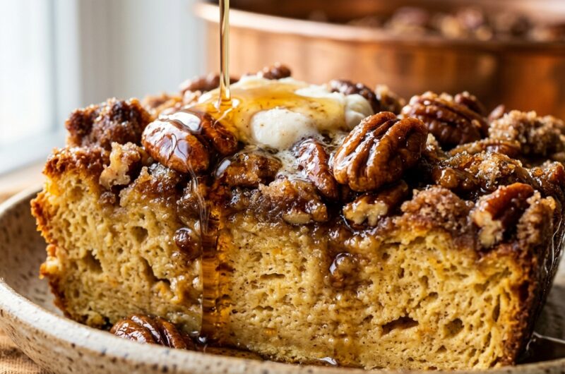 Ultra close-up macro of baked pumpkin spice brioche French toast with caramelized pecan streusel and maple syrup drip