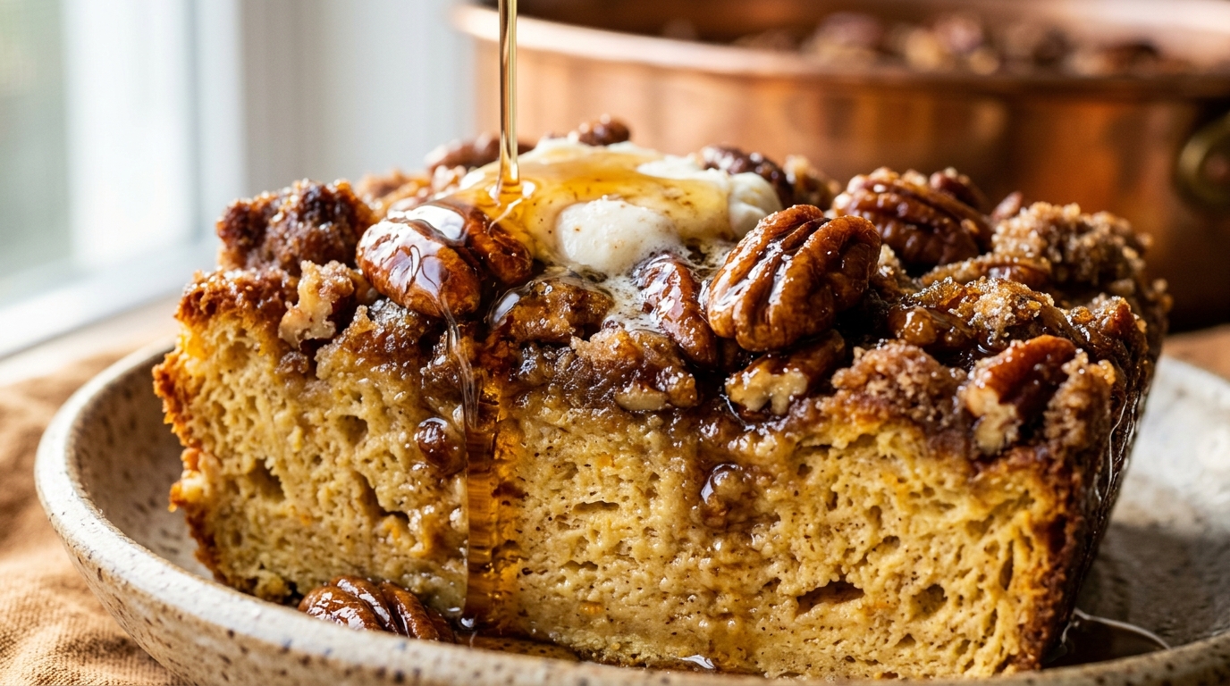 Ultra close-up macro of baked pumpkin spice brioche French toast with caramelized pecan streusel and maple syrup drip