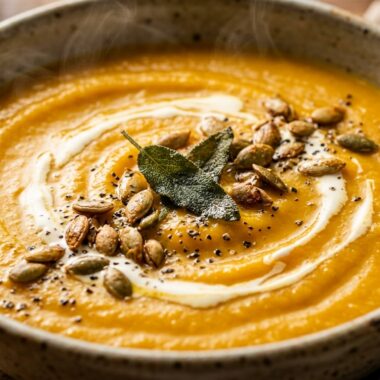 Ultra close-up macro of velvety roasted butternut squash and apple soup garnished with toasted pepitas, sage, and cream